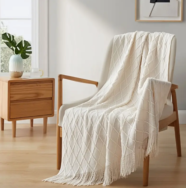 Everyday Cozy White Tassel Throw Blanket