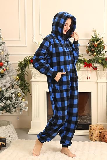 Unisex Pajamas Plaid Hooded Cozy Jumpsuit