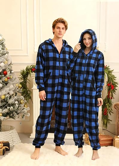 Unisex Pajamas Plaid Hooded Cozy Jumpsuit