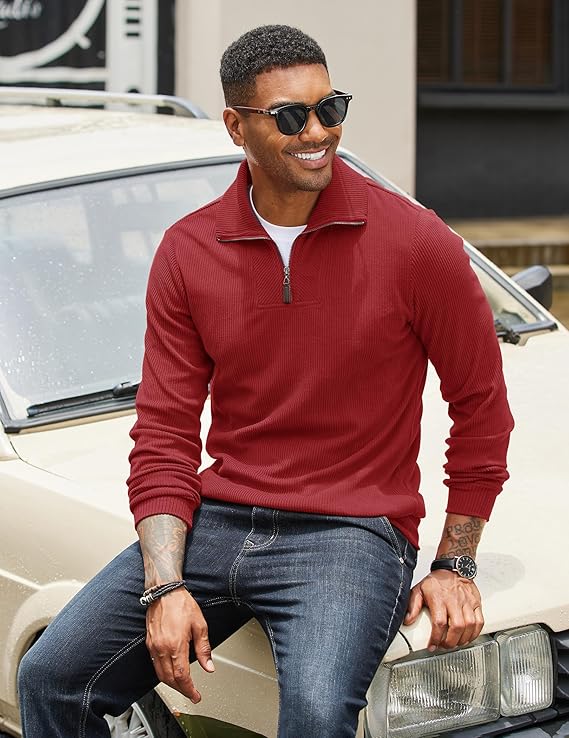 Men's Quarter Zip Up Pullover Mock Neck Long Sleeve Sweatshirt